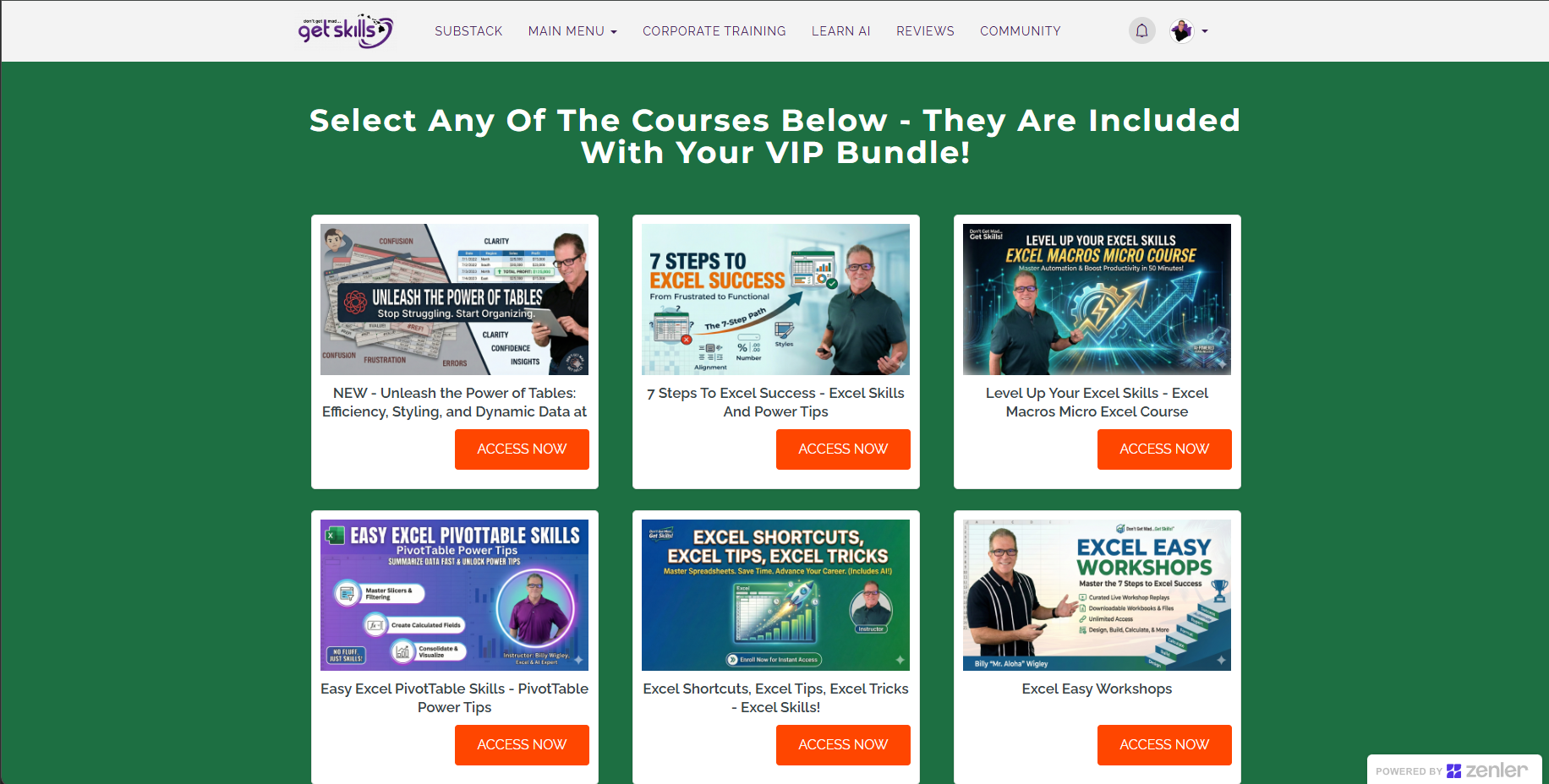 Member course access dashboard showing Excel Tables, 7 Steps to Excel Success, Macros, PivotTables, Excel Shortcuts, and Excel Easy Workshops
