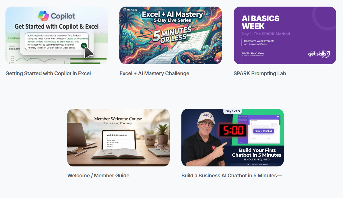 Included AI course library: Copilot in Excel, Excel and AI Mastery, SPARK Prompting, the member guide, and building a business AI chatbot
